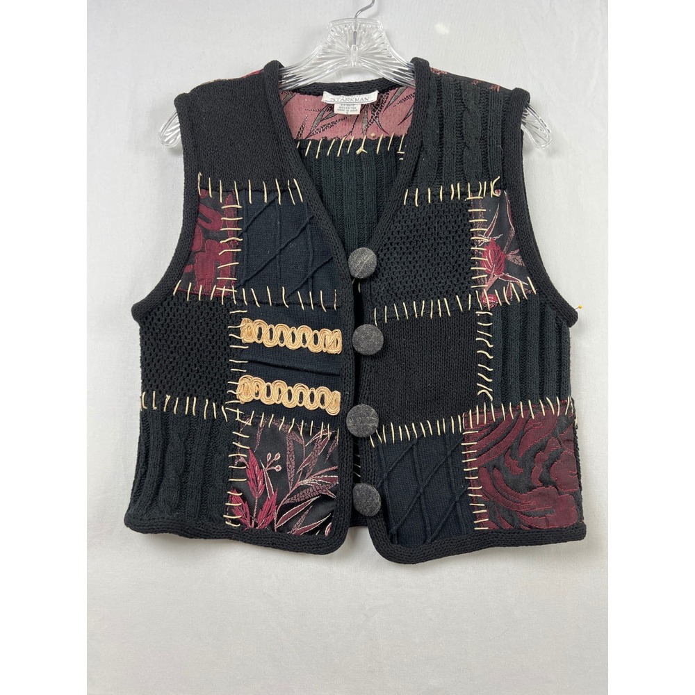 Sandy Starkman Patchwork Knit Vest Womens Small Black Burgundy Floral Artisan
